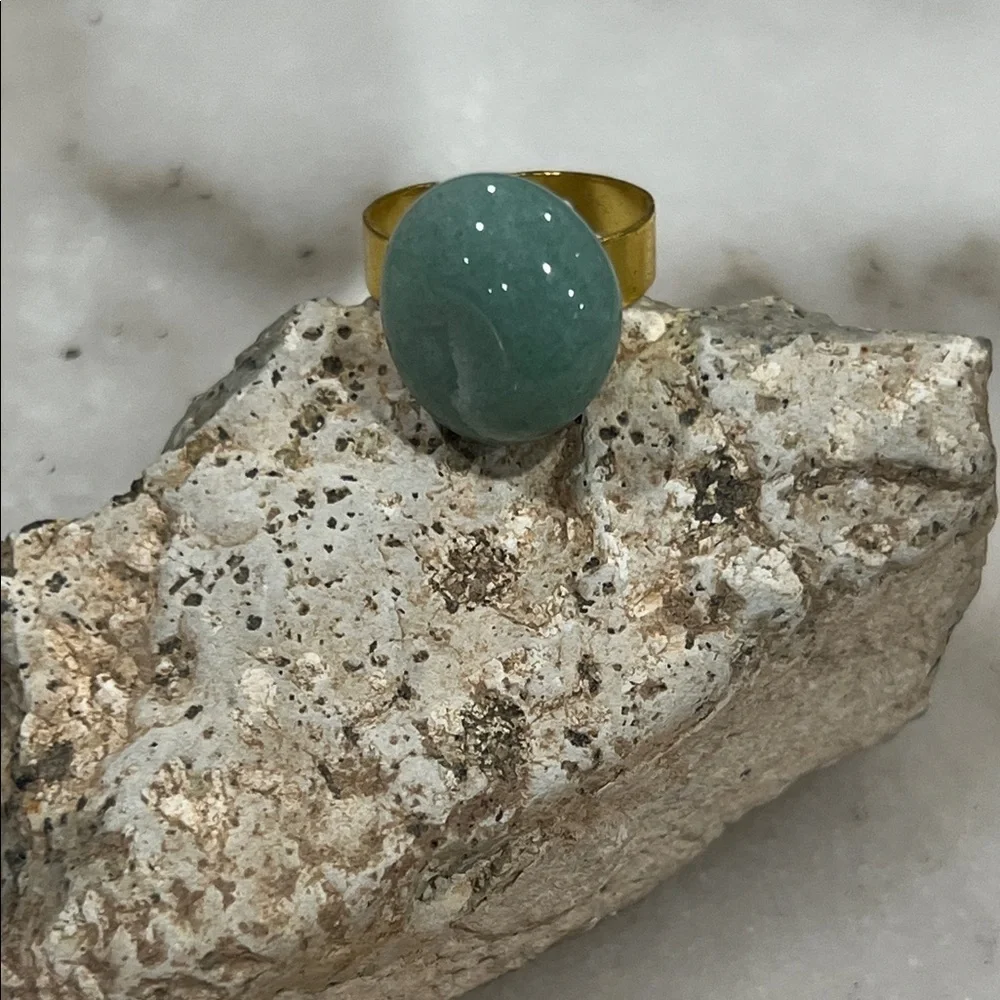Green Aventurine Stone Ring Adjustable Gold Tone Band Handmade Jewelry